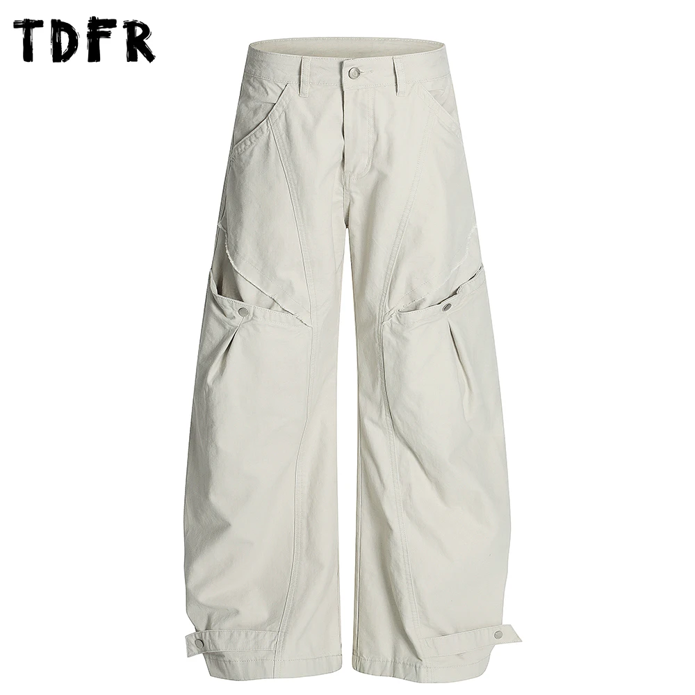 

Spliced Pocket Cargo Pants Mens Retro Streetwear Solid Color Baggy Wide Leg Banana Pants Men Trousers