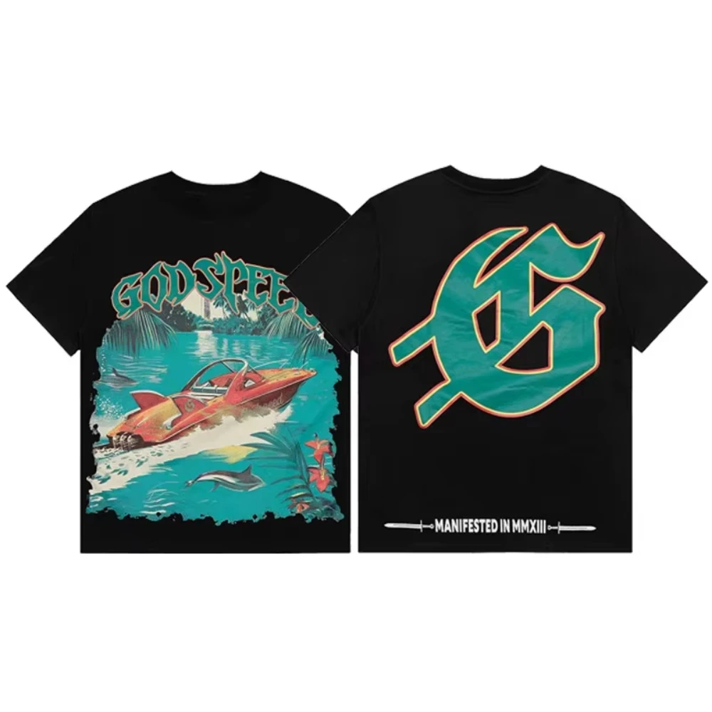 2026 Vintage Tropical Speedboat Print T-shirt Men, Oversized Cotton Front Back Graphic Water Sport Street Art Short Sleeve Tee
