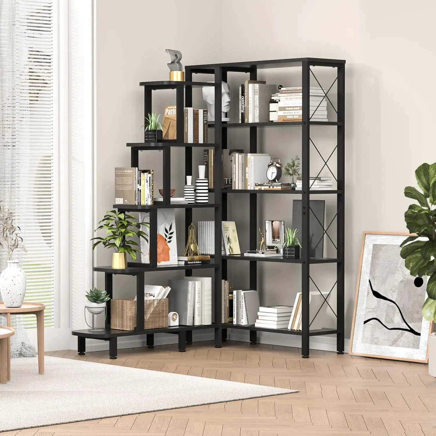 Corner Bookshelf Bookcase, Large Reversible 5 Tier Ladder Shelves Storage Display Rack with Metal Frame, Industrial