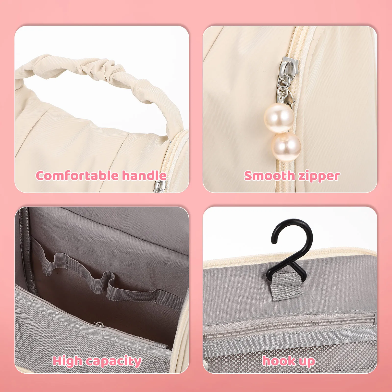 

Handheld Pearl Zipper Toiletry Bag Travel Makeup Organizer Storage Pouch Convenient Carry Handle Wash Bag for Women