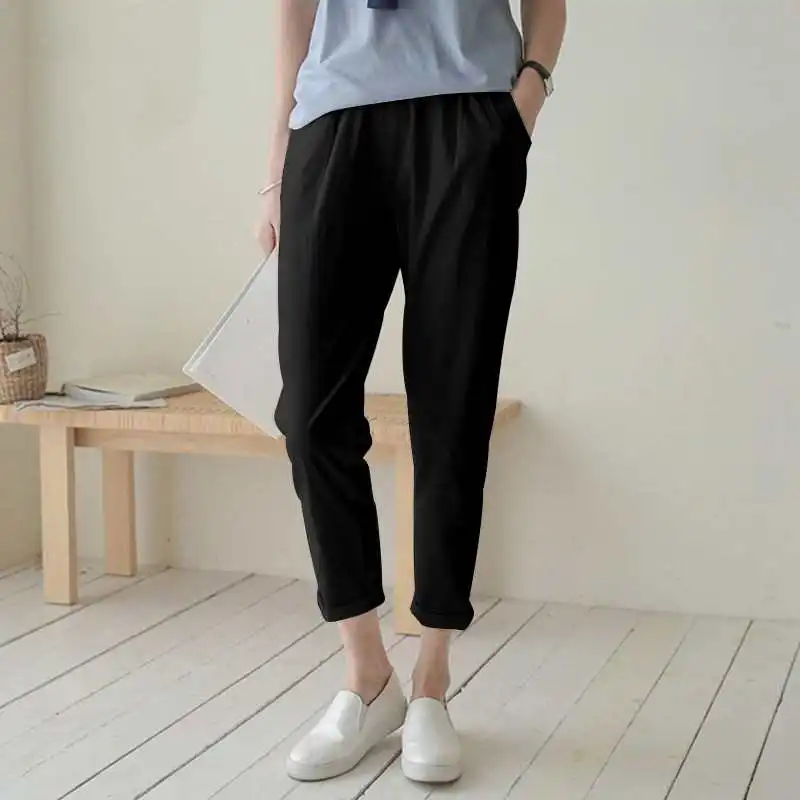 

Повседневные укороченные брюки из хлопка и льна с высокой талией для женщин, летние дышащие свободные брюки с колпачками, молодежные брюки