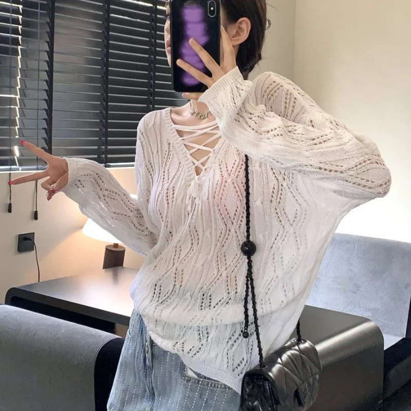 

Knitted Pullovers Women vintage Casual Loose Solid Lace-up Design Long Sleeve Spring New Korean Style Female Sweaters All-match