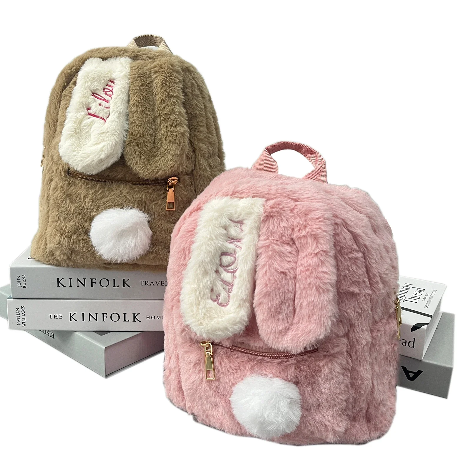 

Personalized Name Embroidery Cute Plush Bag New Bicolor Rabbit Ears Super Versatile Casual Large Capacity Girls Shoulder Bag