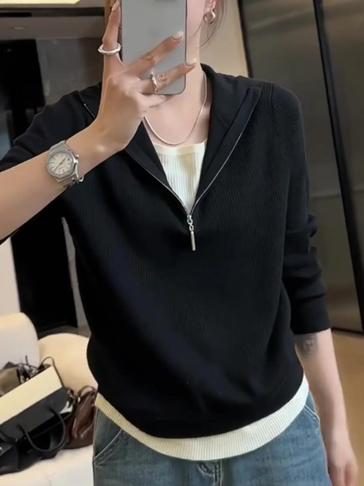 

Gtuq Faion Personali Bla Zipper Long Sve Knitwear Women's f Open Collar Two-Piece Look Autumn Design Trendy Sle