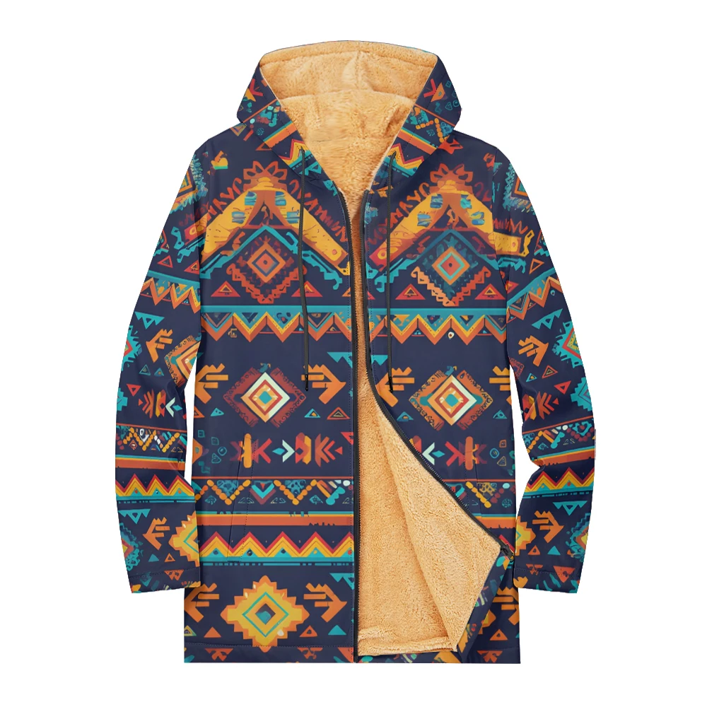 

Tribal Ethnic Geometric Bohemian Print Hoodies Warm Soft Fleece Lining Long Sleeve Open Front Coat Unisex Streetwear Fashion