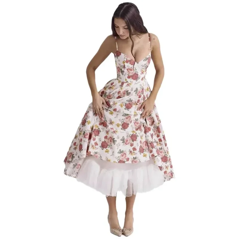 Novo vintage elegante flor impressão cinta de espaguete vestidos de princesa feminino sexy baixo corte sem costas malha dupla camada bainha vestido de festa