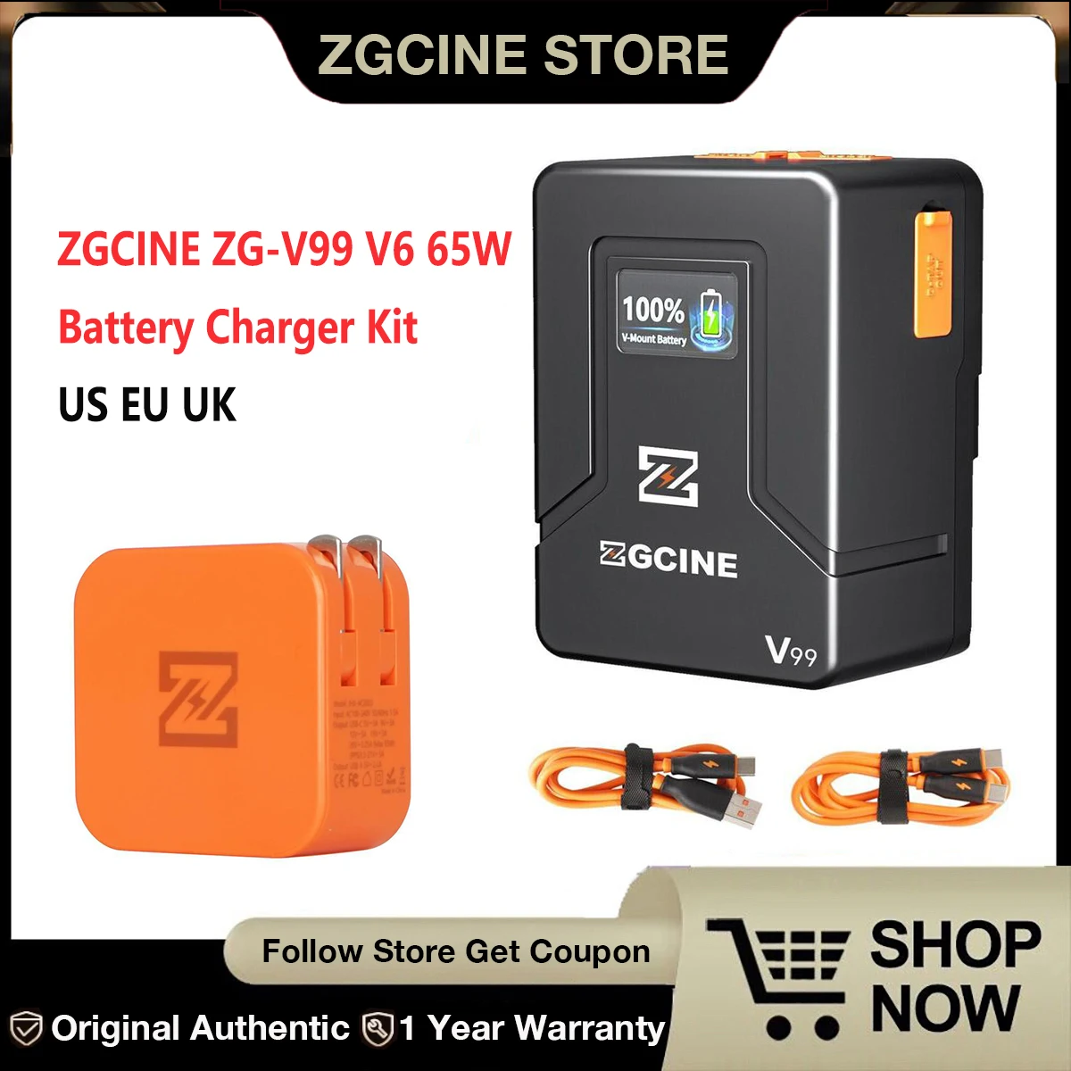 ZGCINE ZG-V99 V-Mount Battery 99Wh 14.8V 6800mAh for Continuous Light Aputure Amaran 60D/60X DSLR,battery charger kit.