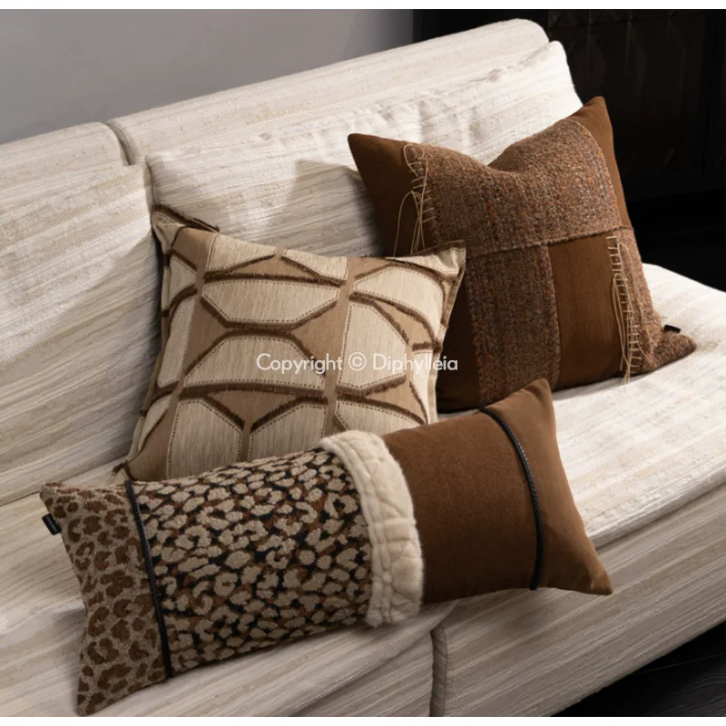 Diphylleia Luxury Leopard Jacquard Braid Lumbar Throw Pillow With Fur Trim Modern Contemporary Long Cushion Case For Sofa Couch