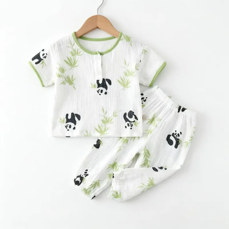 Boys girls Summer Set Baby Short Sleeve Outfit Clothes Soft Muslin Cotton Shirt Linen Suit Tops +Pants 2 PC 2-7 Years