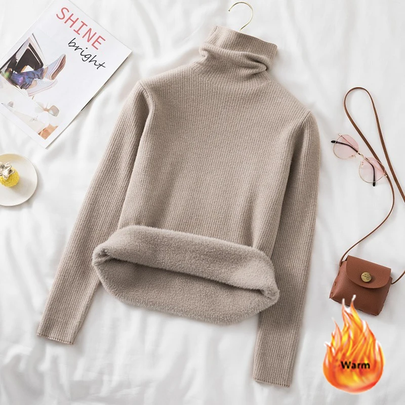 Turtleneck Sweater Plus Velvet Women Solid Colors Bottoming Pullover All-Match Long Sleeve Top Autumn Winter Fleece Lined Sueter