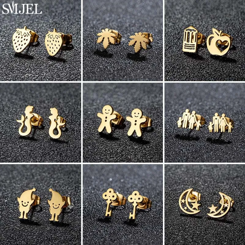 لطيف نجمة القمر وأقراط صغيرة الزنجبيل رجل الكوكيز على شكل القرط للفتيات الفراولة مجوهرات من صلب لا يصدأ Brincos