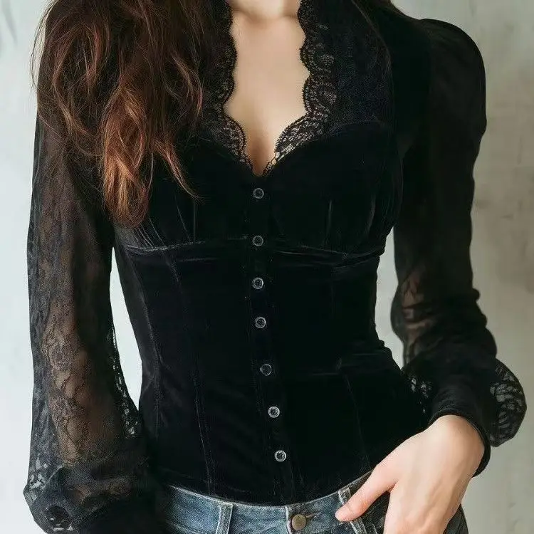 

America Retro Brown Blouse Women Autumn Elegant Women Shirts Flower Jacquard Slim Fit Sexy Office Lady Blouse Streetwear