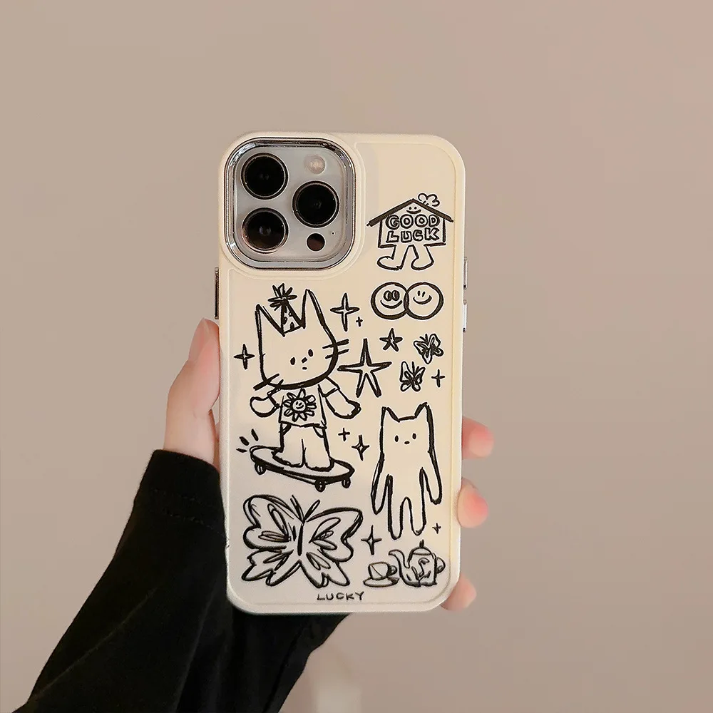 Funny Cute Cartoon Sketch Cat Soft Phone Cover Case for iPhone 16 15 14 13 12 11 Pro Max Plus X XS XR image 2