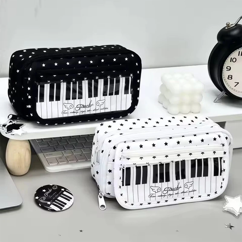 Ins Style Star Piano Keyboard Pencil Case Multi-Layer Large Capacity With Clear Window Pen Bag Portable Student School Supplies