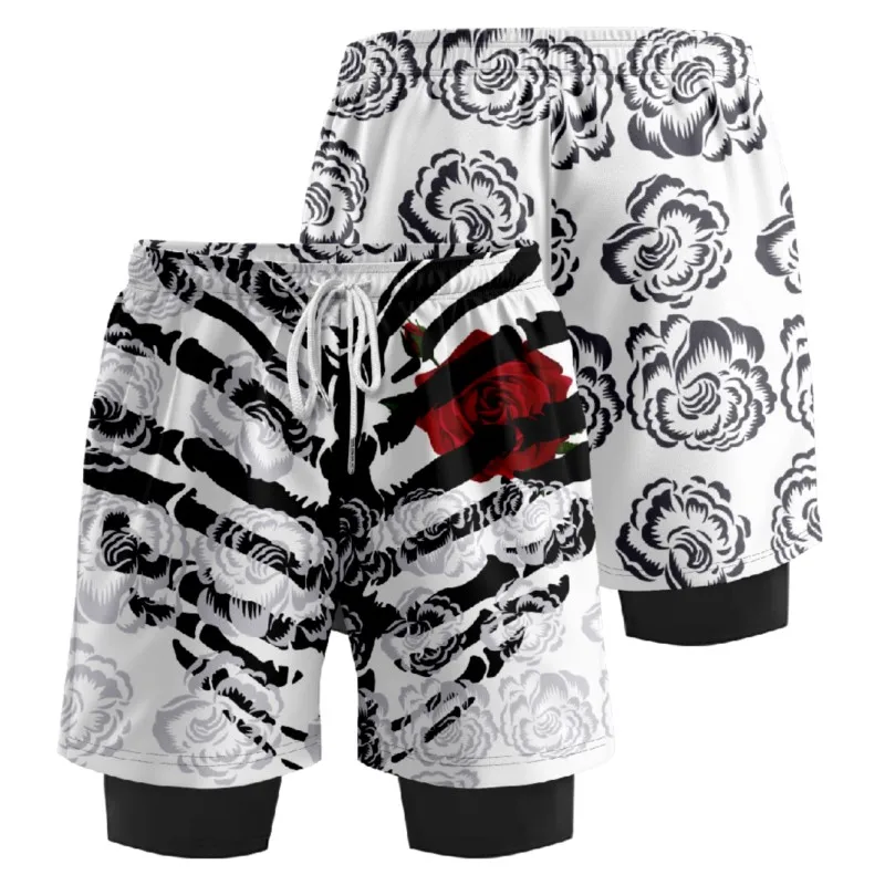 Y2k Skull Rose Print Shorts Men's False Two Shorts Beach Sports Shorts Board Summer Streetwear Short For Men Basketball Pants