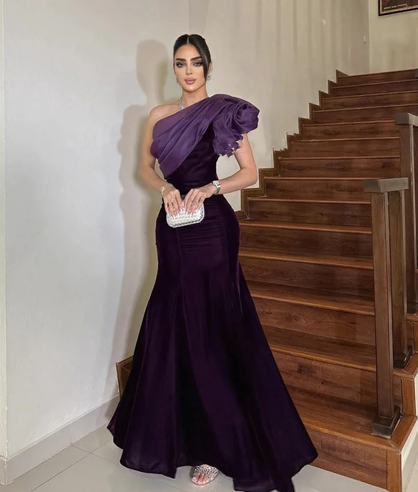 

Customized Delicate Organza Mermaid One Shoulder Tiered Evening Dress Sexy Short Sleeves Floor Length فساتين سهرة