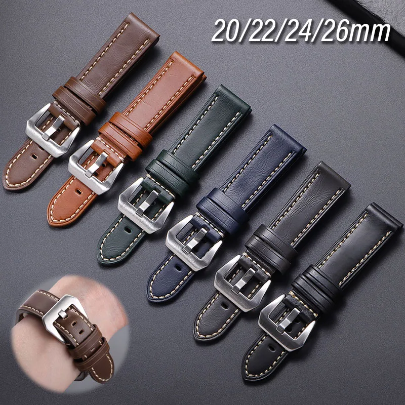Vintage Genuine Leather Watch Band 20mm 22mm 24mm 26mm for Panerai Oil Wax Cowhide Strap Stitching Durable Wristband for Omega