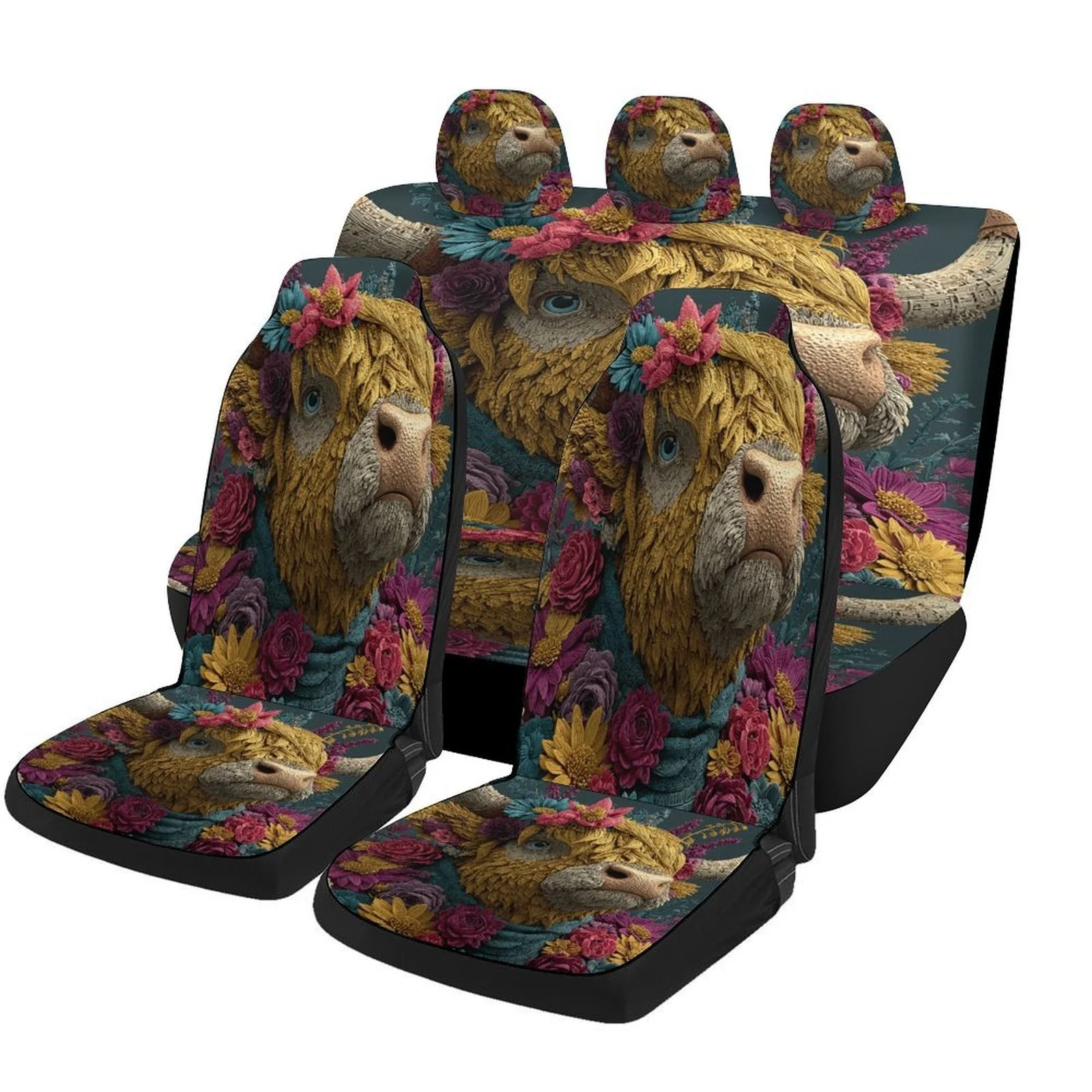 Floral Bull Portrait Themed Car Seat Cover Set For Most Cars, Fashionable Novelty Car Seat Protector Covers Full Set, Car Seat