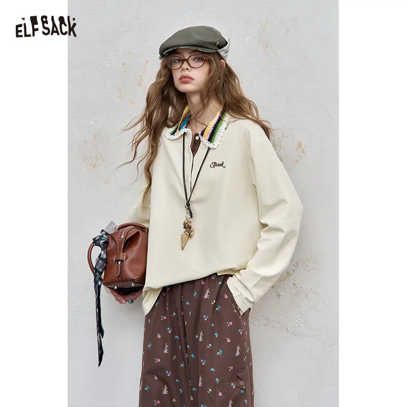 

ELFSACK 2025 Autumn New Arrival Minimalist Casual Color Block Shirt Long Sleeve Loose Fit Oversized T Shirt For Woman