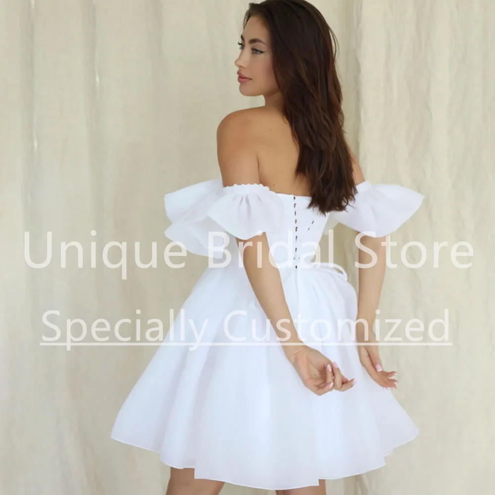 ที่กําหนดเองสั้นสีขาวชุดเจ้าสาวชุดเจ้าสาว LACE-up Strapless Organza A-Line ปิดไหล่ MINI 2023 ชุดแต่งงานสําหรับ W