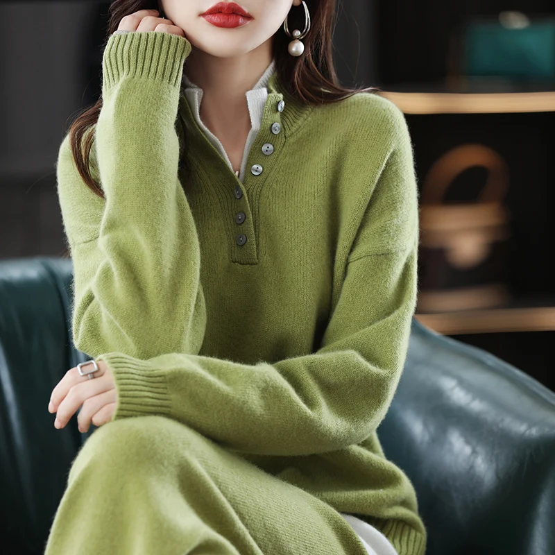 New 2023 Ladies Cashmere Suit Half Turtleneck Loose Sweater Solid Color Knit Casual Wide Leg Pants 100% Pure Wool Two Piece Set