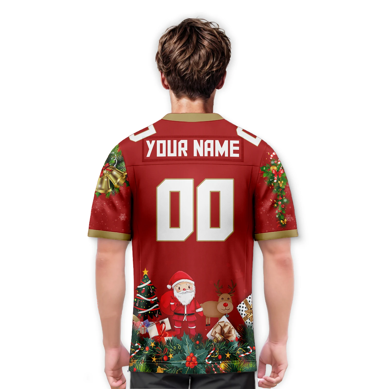 American Football Jersey Red Custom Christmas Shirts Personalized Team Name Number Santa Print Family Football Sports Tee