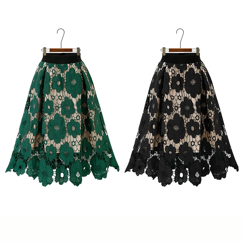 Summer Boho Lace Skirts Women Vintage Mesh Hollow Out Plus Size Skirt Elastic Waist Elegant  A-Line Midi Saias Black Red Green