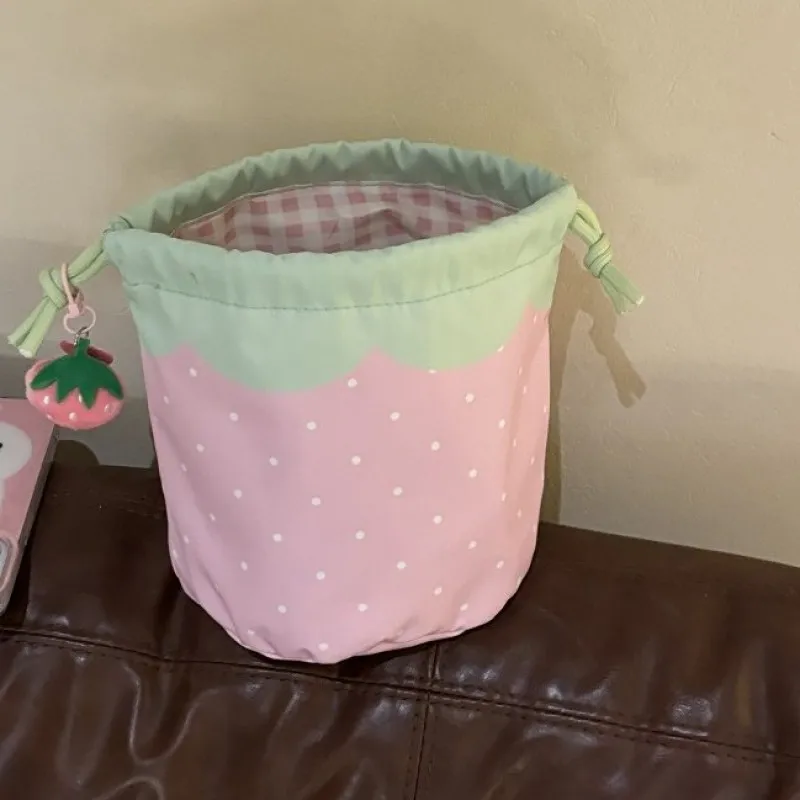 Pink Polka Dot Strawberry Drawstring Portable Large Capacity Travel Grooming and Makeup Bag, Strawberry Drawstring Storage Bag