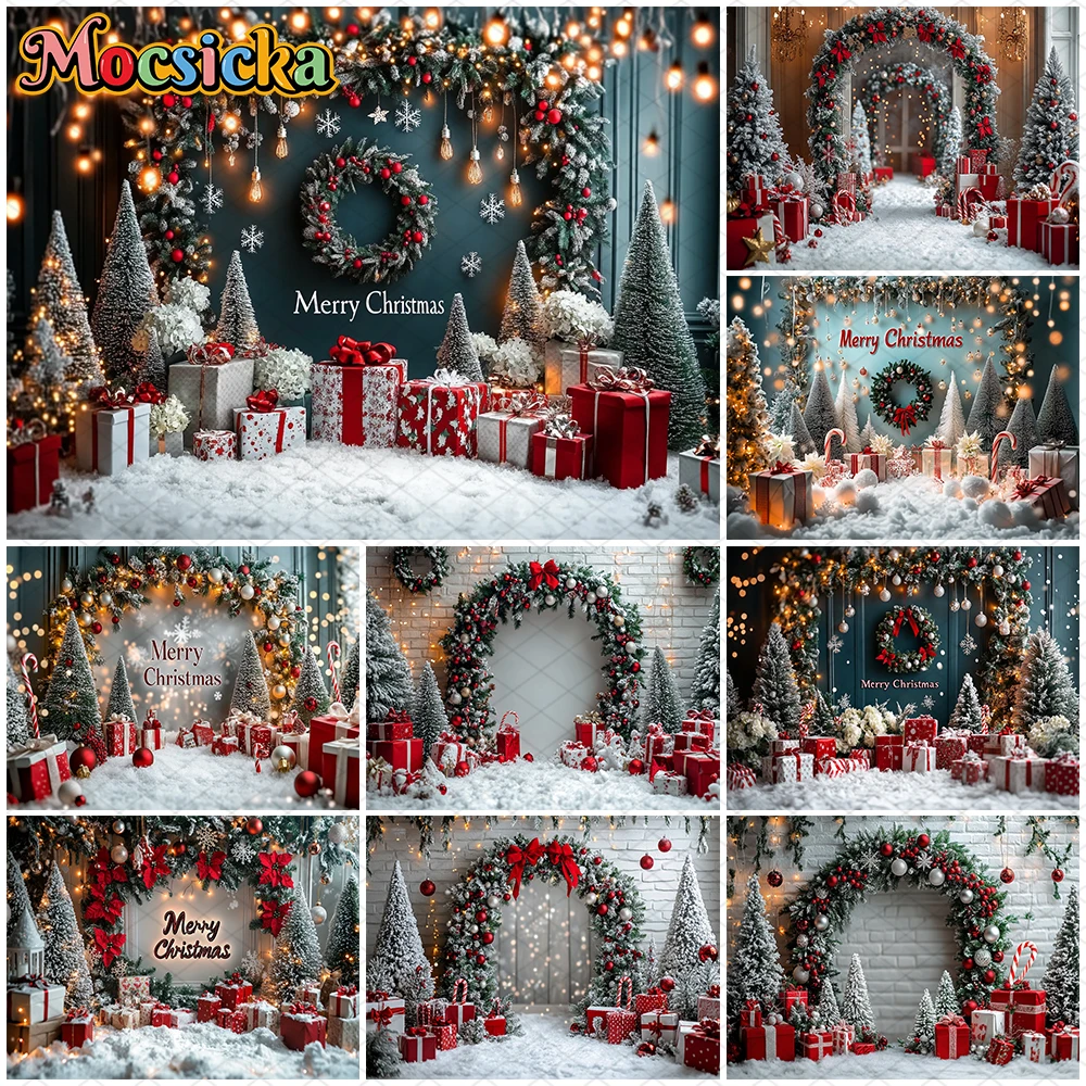 Mocsicka عيد ميلاد سعيد خلفية التصوير الفوتوغرافي اطلاق النار الدعائم شجرة عيد الميلاد الثلوج الهدايا الديكورات الأطفال الكبار الأسرة خلفيات الحفلات