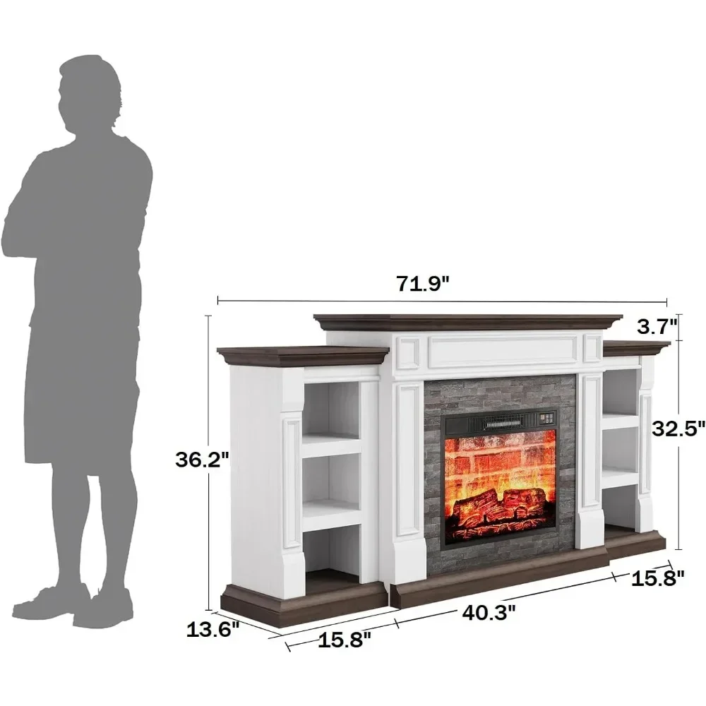 Camino elettrico da 70" con mensola e armadietti, supporto TV per camino per soggiorno camera da letto, surround in pietra impilata