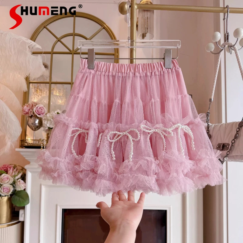 

Super Fairy Sweet Cake Skirts Women's 2026 Spring New Beaded Bow Elegant Chic Short Skirt Ladies Nice Elegant Beauty Mini Skirts