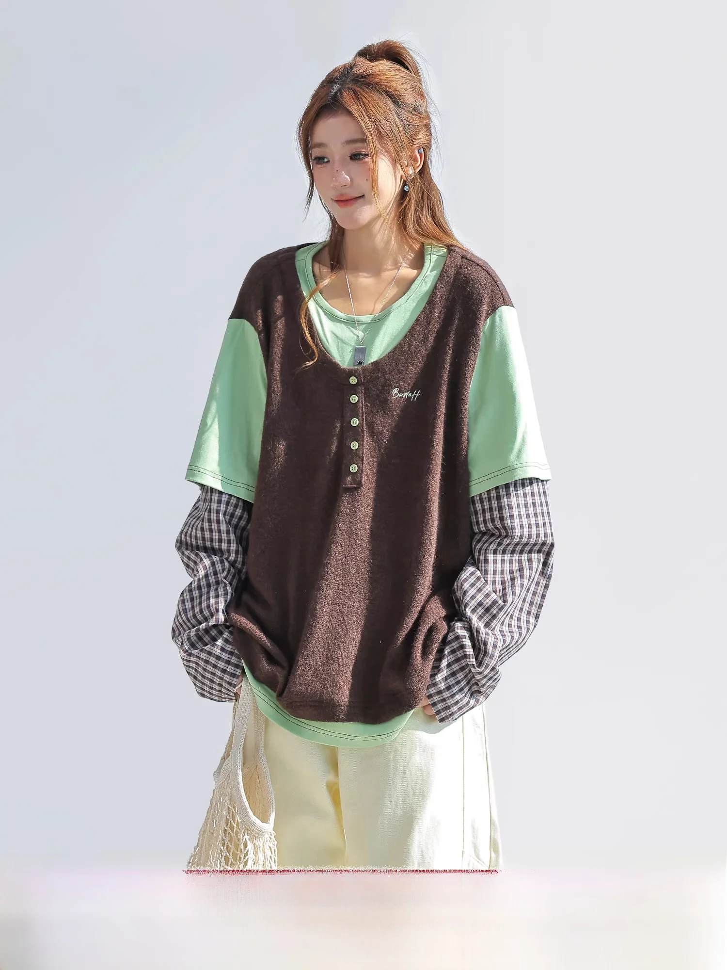 

Женская футболка Chant2nd в винтажном стиле с цветным клетчатым узором, имитация двухслойности, с длинным рукавом, свободный крой, повседневная, дышащая, для весеннего сезона