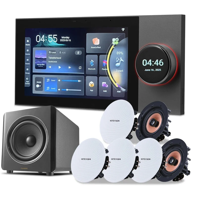 Home Background Music System-Inch screen Control Panel 8 channel wall Amplifier with Ceiling Speaker