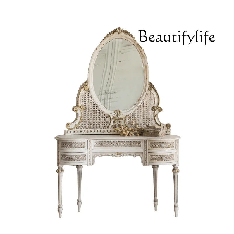 

European French retro old solid wood dresser rattan bedroom white makeup table with mirror arc customization