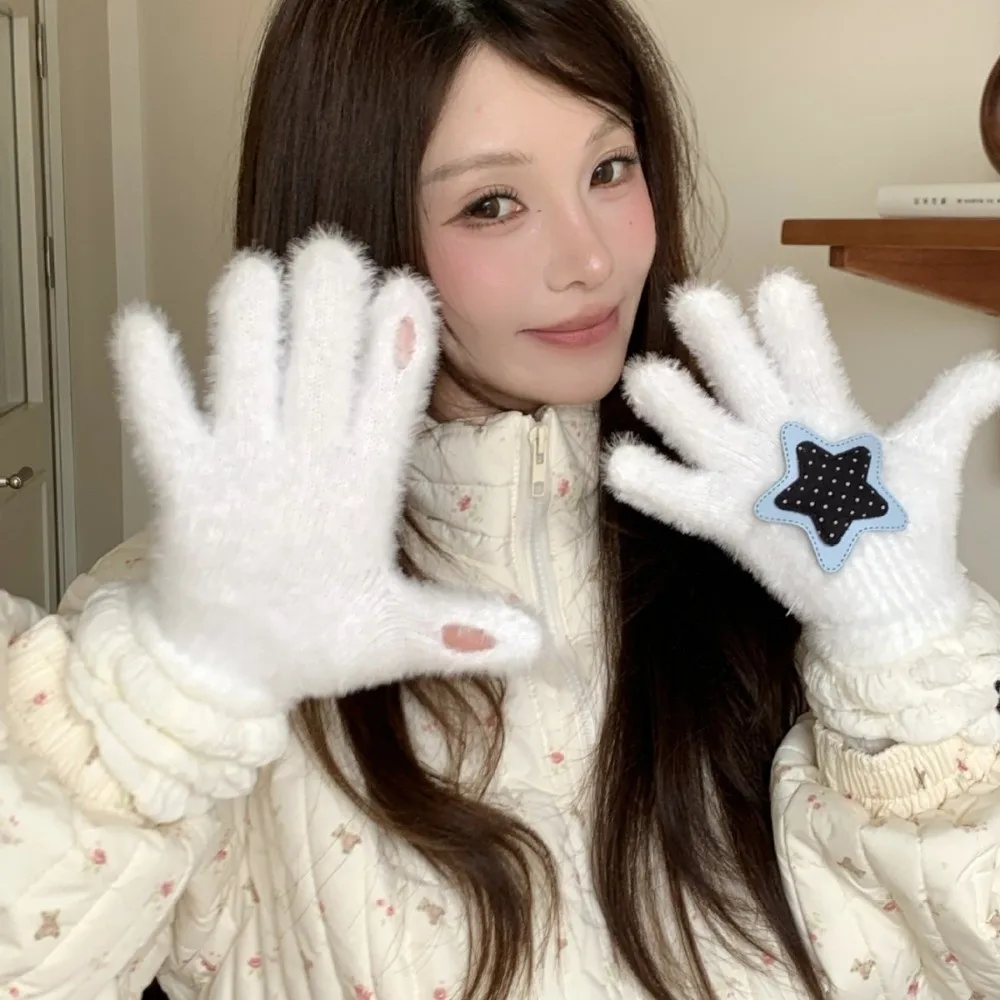 Stylish Polyester Touch Screen Gloves Thick Star Bear Patch Design Winter Gloves One Tip Full Finger Gloves Outdoor Cycling