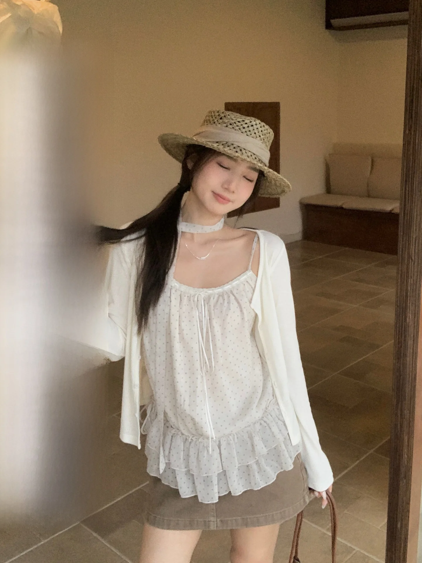 

Women's Chic Polka Dot off Shoulder Loose Fit Cardigan Set with Sashes Spring Fashion Casual Versatile Overlap Wear
