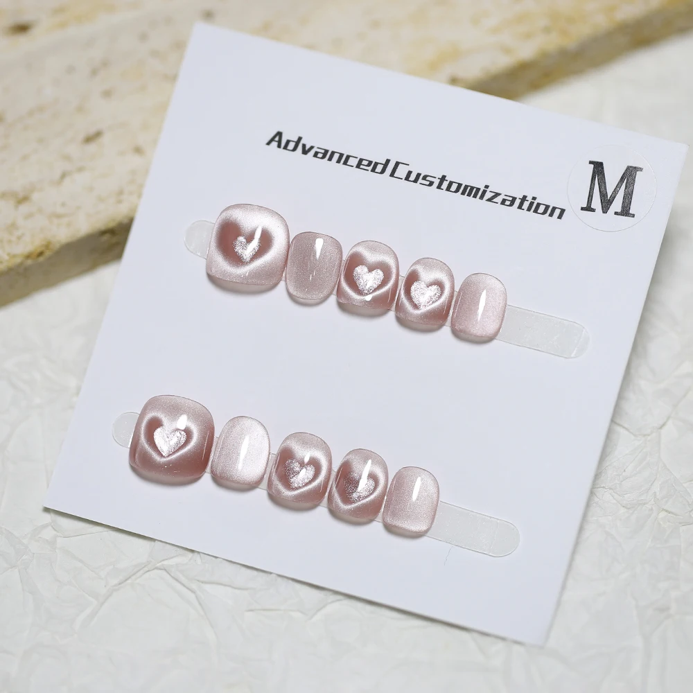 10Pcs Pink Cat Eye Children's Press on Nails Kids Macaron Color Fake Nails Tips Girl Full Cover Short False Nails