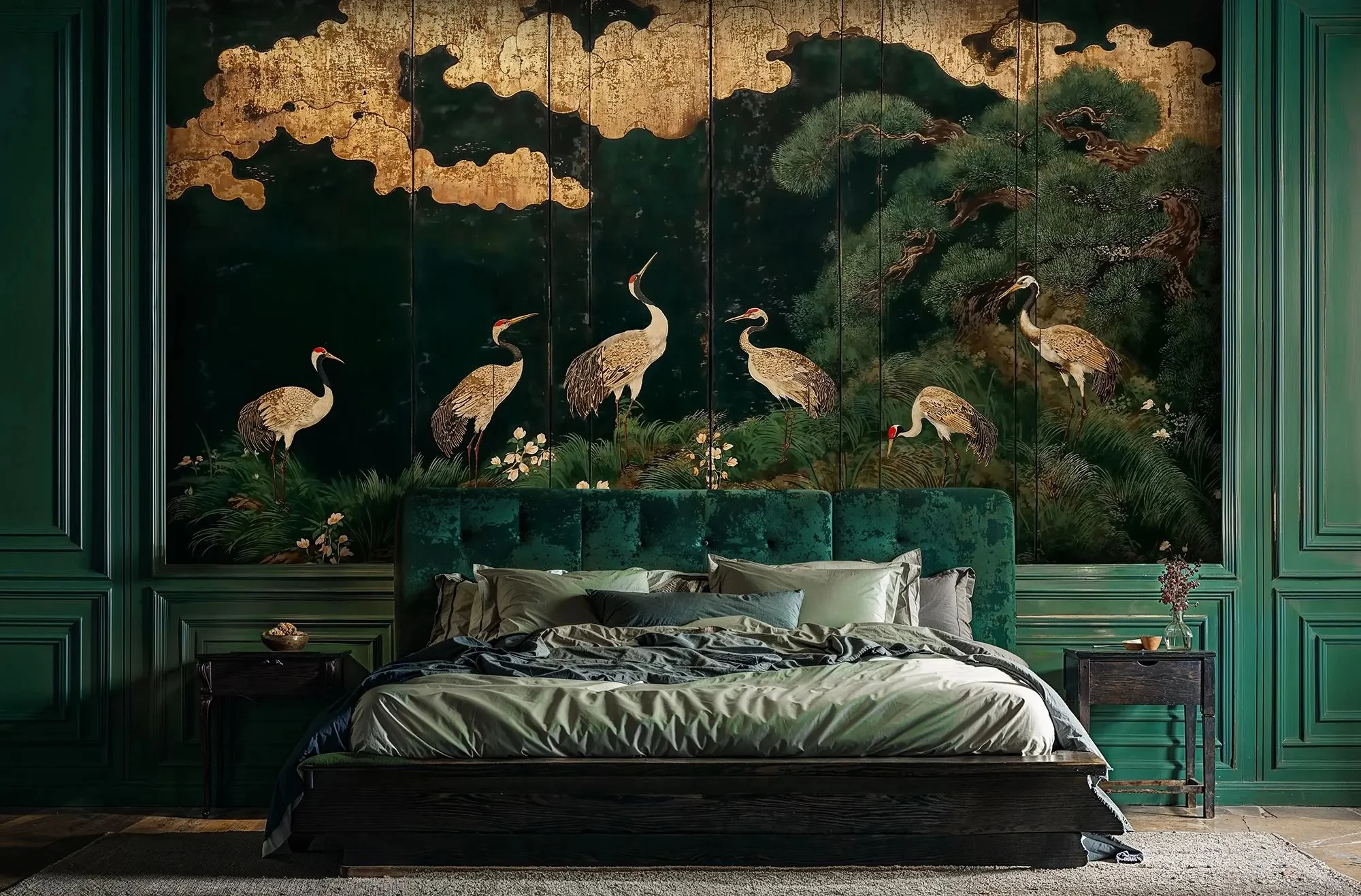 Luxury Chinoiserie Crane Pine Screen Wall Mural Dark Green Gold 3d Wallpaper Peel and Stick Removable for Living Room Bedroom