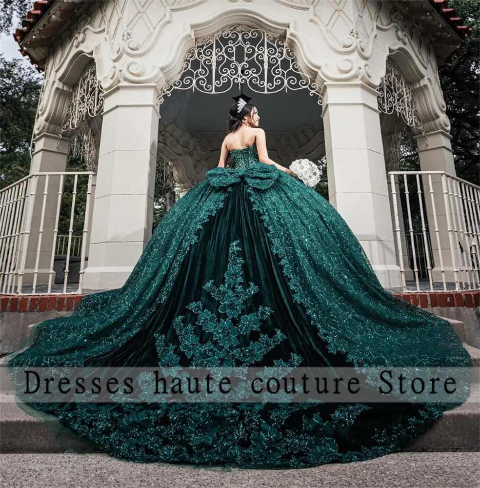 Vestido De fiesta De encaje verde esmeralda Vestidos De quinceañera 2025 con apliques De cuentas con lazo Vestido dulce 16 Vestidos De 15 Años