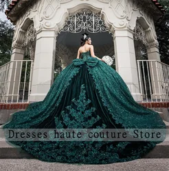 Emerald Green Lace Ball Gown Quinceanera Dresses 2025 With Bow Beaded Appliques Sweet 16 Dress  Vestidos De 15 Años Customized