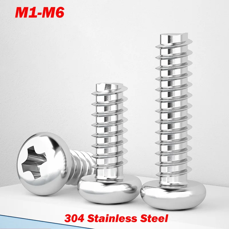 304 Stainless Steel Cross Flat Tail Self Tapping Screw M1 M1.2 M1.4 M1.7 M2 M2.2-M6 Cross Recess Phillips Pan Round Head Screw