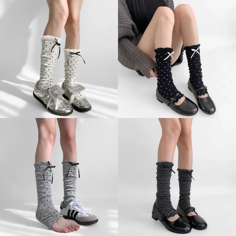 New Korean Fashion Cotton Knitted Leg Warmers Retro Polka Dots Stacked Socks JK Cute Bow Ruffle Edge Y2k Subculture Foot Covers