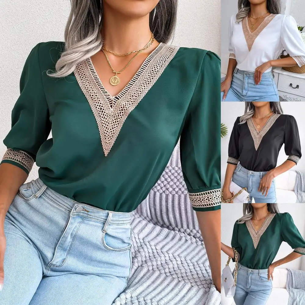 

Ele Lace V-Ne Midi Sve Chiffon Top Spring Summer Faionable Women's Cross-Border Apparel Wholes Drop ip