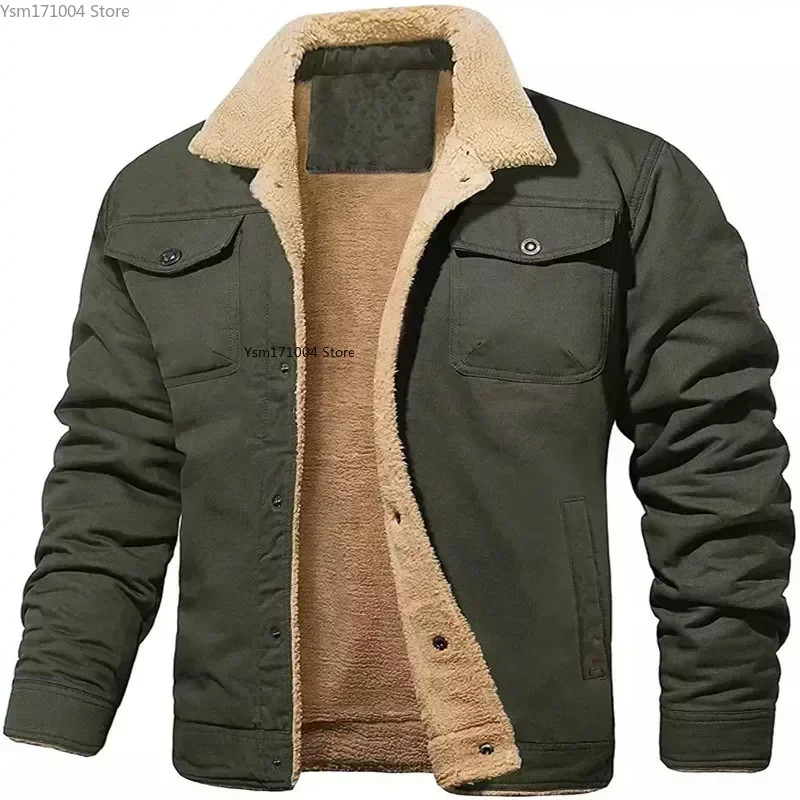 Winter Men\'s Bomber Jacket Lapel Solid Color Thick Warm Cargo Jacket High-quality Male Plush Thicken Wool Coats 3XL Men Clothing