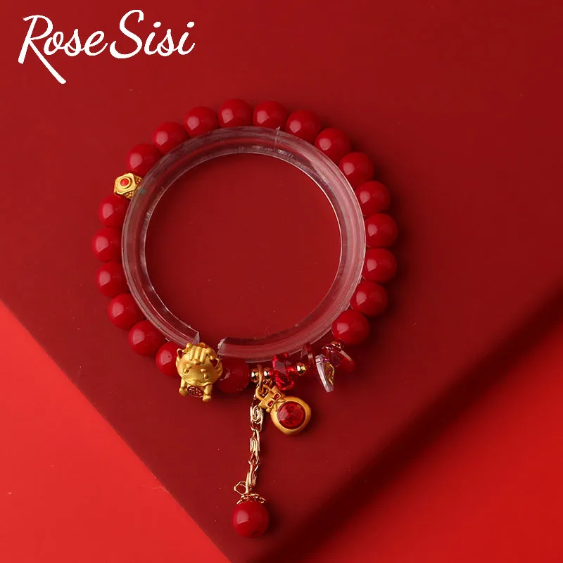 Rose sisi Chinese Style New Year Dragon Zodiac Bracelet for girl Red Coral Beads Elastic Handrope hansel Clothing accessories