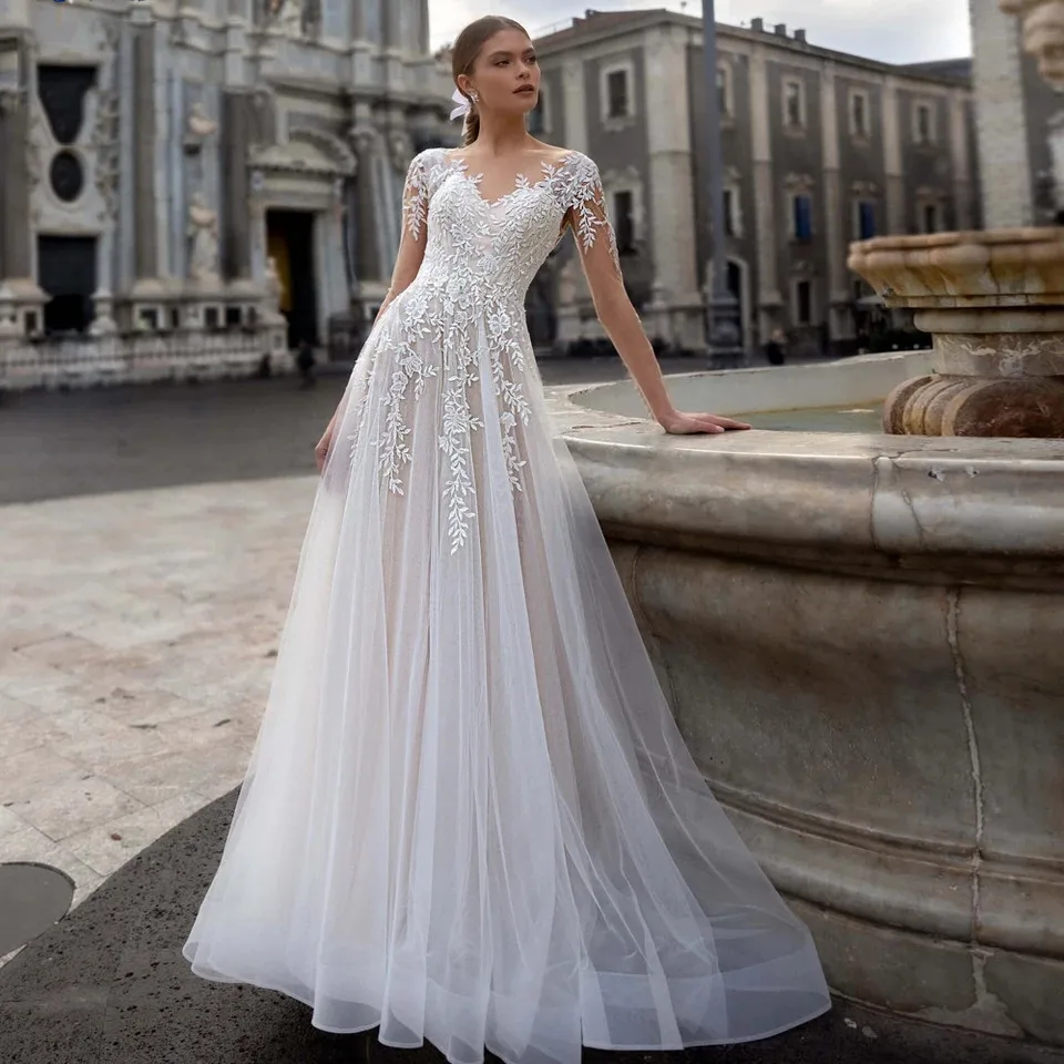 

Sexy Modern A-Line Wedding Reception Dresses V Neck Tulle Appliques Cap Sleeve Bridal Gown Beach Engagement 2025 Free Customized