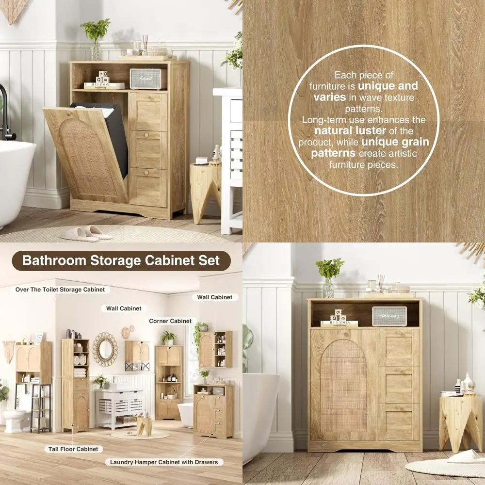 خزانة تخزين الروطان مع 3 أدراج، سلة مهملات قابلة للإمالة لصندوق سعة 10 جالون، منظم سلة الغسيل #1