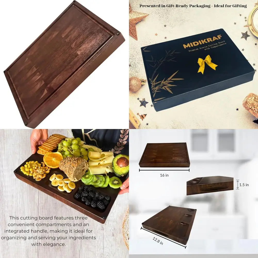

Versatile Acacia Wood 2-in-1 Cutting Board & Serving Tray - Reversible, Non-Slip, with Compartments, Ideal for Charcuterie & Che
