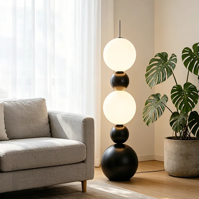 RUIWEN Minimalist Floor Lamp Opal Frosted Glass Matte Black Metal 3 Color Dimmable Living Room