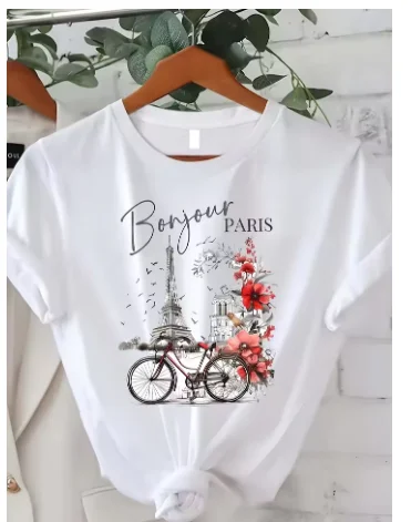 

T-shirt À Col Rond Imprimé Paris, Manches CourtesHaut Décontracté Pour L'été Et Le Printemps, Vêtements Pour Femmes